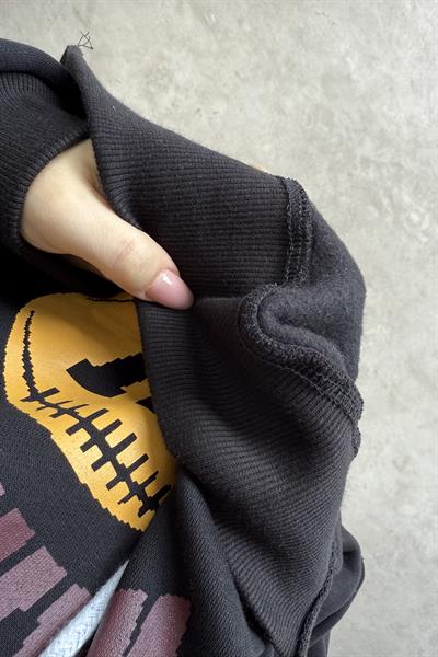 Dik Yakalı Kapüşonlu Kalın Şardonlu Siyah Sweatshirt