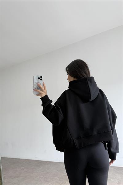 Dik Yakalı Kapüşonlu Kalın Şardonlu Siyah Sweatshirt