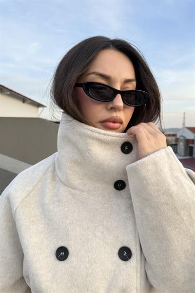 Dik Yakalı Kaşe Kısa Ekru Kaban