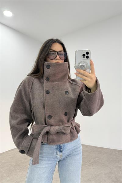 Dik Yakalı Kaşe Kısa Kahve Kaban