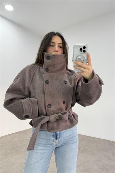 Dik Yakalı Kaşe Kısa Kahve Kaban