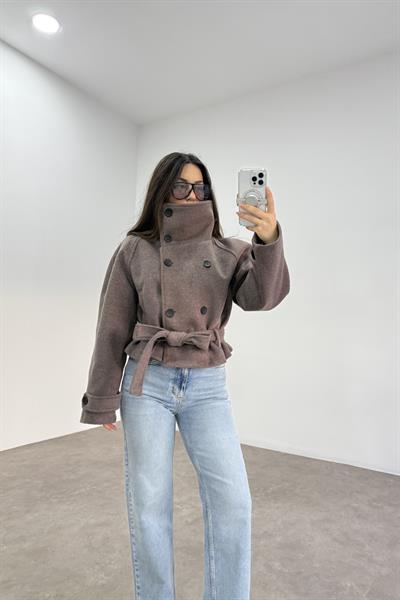 Dik Yakalı Kaşe Kısa Kahve Kaban