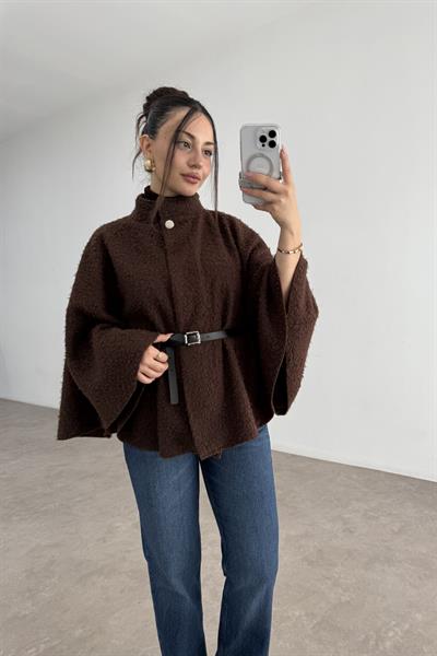 Dik Yakalı Kemerli Teddy Kumaş Kahve Panço