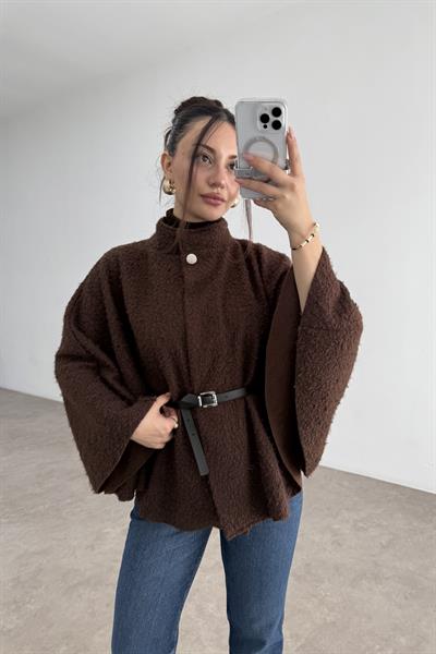 Dik Yakalı Kemerli Teddy Kumaş Kahve Panço