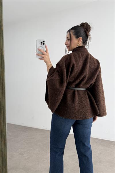 Dik Yakalı Kemerli Teddy Kumaş Kahve Panço