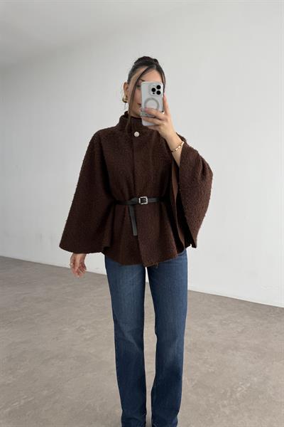 Dik Yakalı Kemerli Teddy Kumaş Kahve Panço