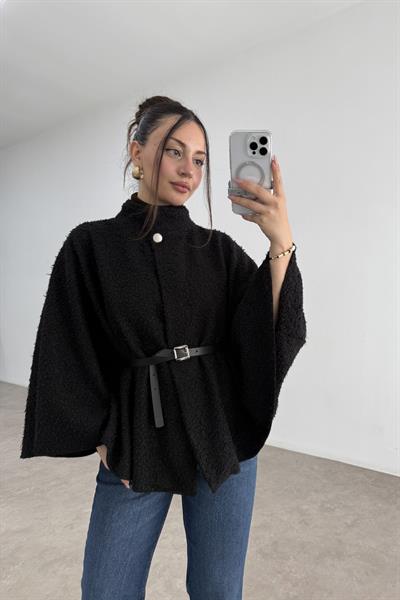 Dik Yakalı Kemerli Teddy Kumaş Siyah Panço