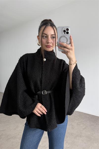 Dik Yakalı Kemerli Teddy Kumaş Siyah Panço