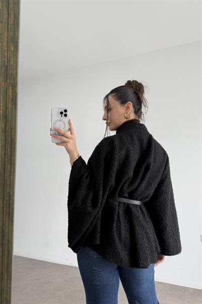 Dik Yakalı Kemerli Teddy Kumaş Siyah Panço