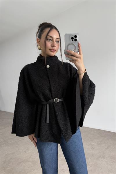 Dik Yakalı Kemerli Teddy Kumaş Siyah Panço