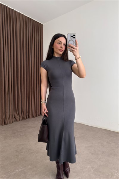 Dik Yakalı Kısa Kol Midi Antrasit Kaşkorse Elbise