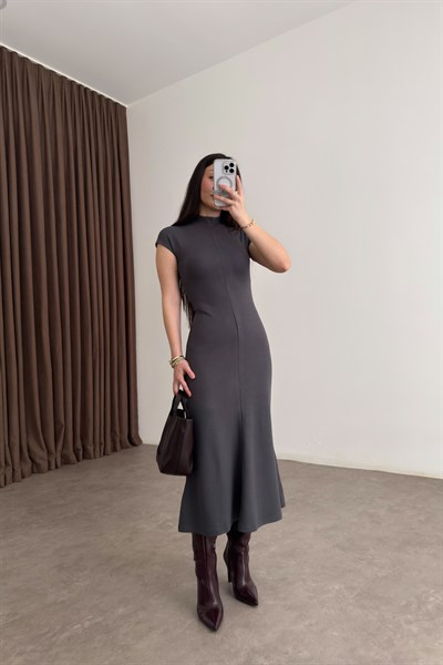 Dik Yakalı Kısa Kol Midi Antrasit Kaşkorse Elbise