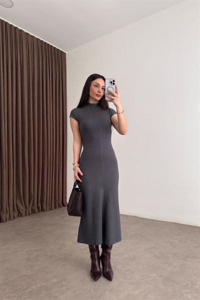 Dik Yakalı Kısa Kol Midi Antrasit Kaşkorse Elbise