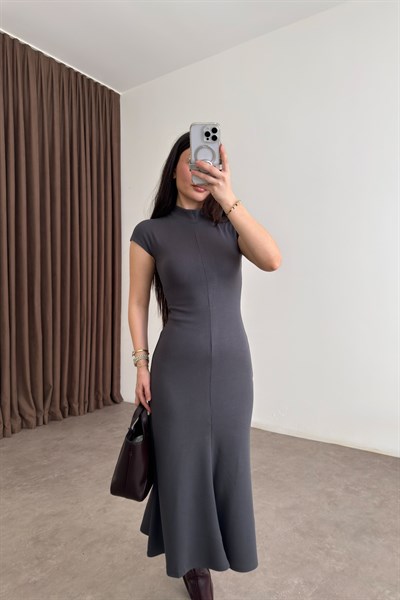 Dik Yakalı Kısa Kol Midi Antrasit Kaşkorse Elbise