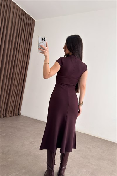 Dik Yakalı Kısa Kol Midi Bordo Kaşkorse Elbise