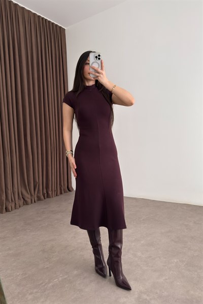Dik Yakalı Kısa Kol Midi Bordo Kaşkorse Elbise