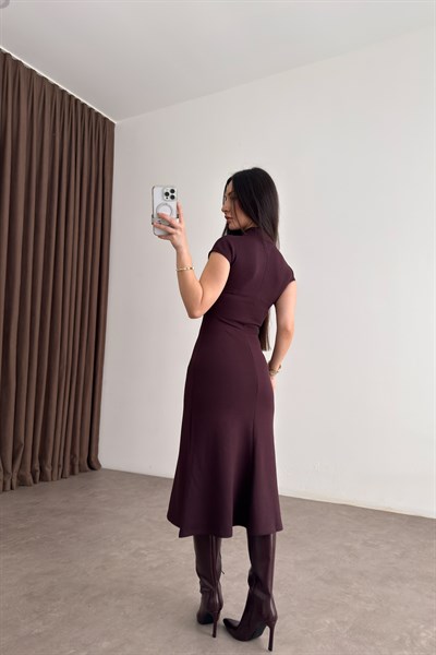 Dik Yakalı Kısa Kol Midi Bordo Kaşkorse Elbise