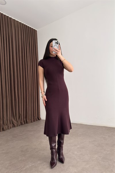 Dik Yakalı Kısa Kol Midi Bordo Kaşkorse Elbise