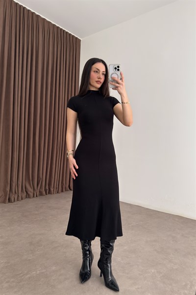 Dik Yakalı Kısa Kol Midi Siyah Kaşkorse Elbise