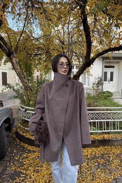 Dik Yakalı Orta Boy Kaşe Vizon Kaban