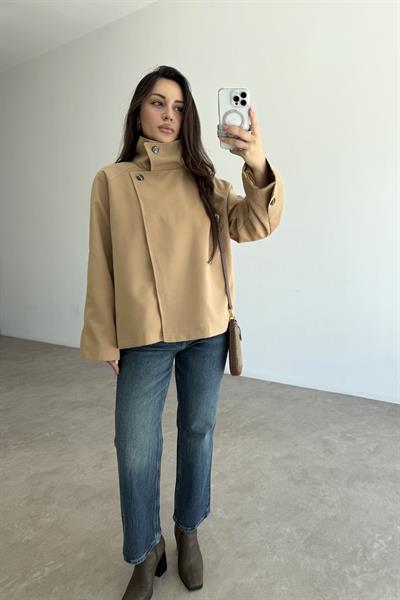 Dik Yakalı Premium Kalite Kısa Camel Trençkot