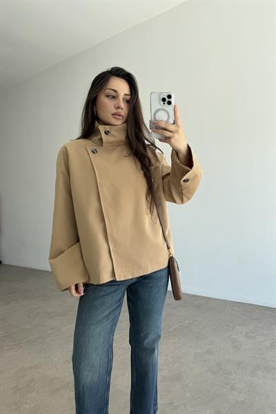 Dik Yakalı Premium Kalite Kısa Camel Trençkot