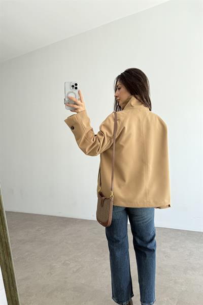 Dik Yakalı Premium Kalite Kısa Camel Trençkot