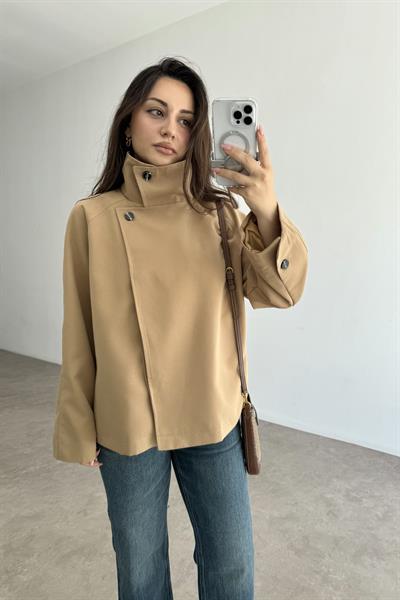 Dik Yakalı Premium Kalite Kısa Camel Trençkot