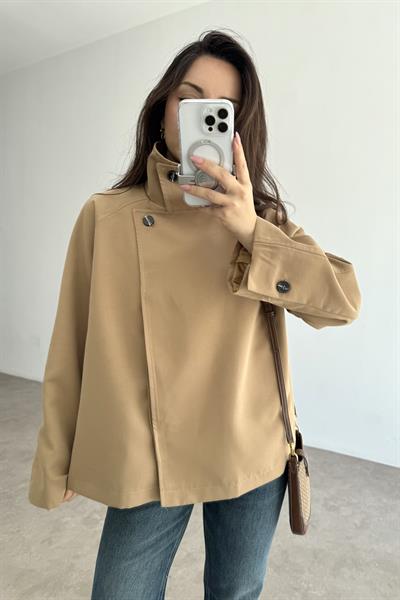 Dik Yakalı Premium Kalite Kısa Camel Trençkot