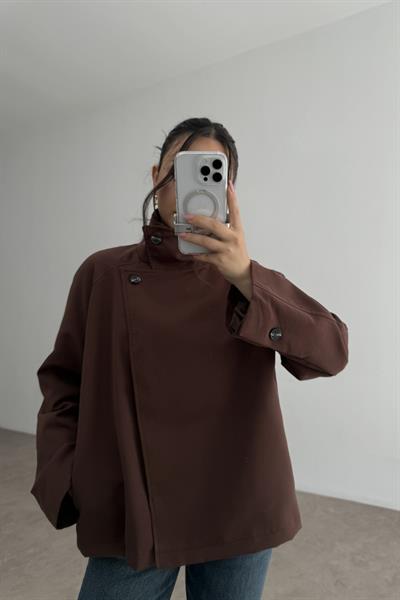 Dik Yakalı Premium Kalite Kısa Kahve Trençkot