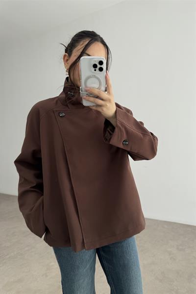 Dik Yakalı Premium Kalite Kısa Kahve Trençkot