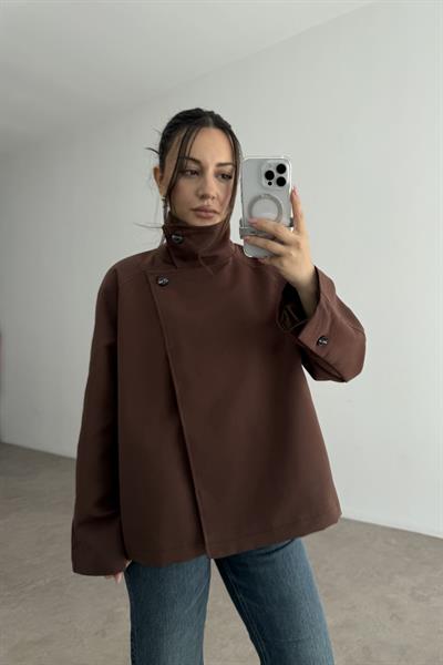 Dik Yakalı Premium Kalite Kısa Kahve Trençkot