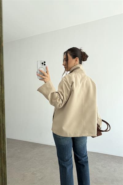 Dik Yakalı Premium Kalite Kısa Taş Trençkot