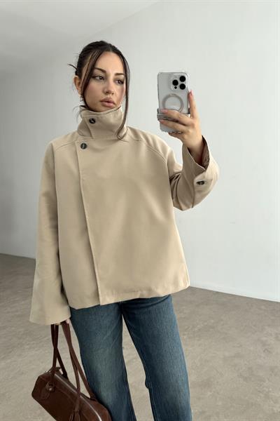 Dik Yakalı Premium Kalite Kısa Taş Trençkot