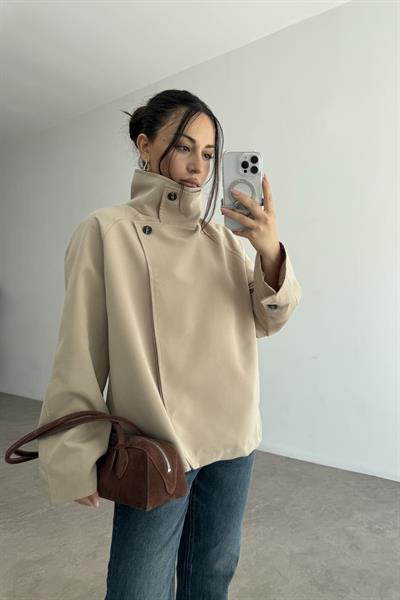 Dik Yakalı Premium Kalite Kısa Taş Trençkot