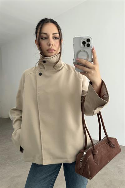 Dik Yakalı Premium Kalite Kısa Taş Trençkot