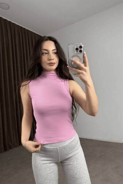 Dik Yakalı Soft Pembe Pamuk Bluz