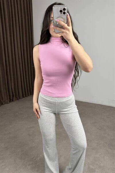 Dik Yakalı Soft Pembe Pamuk Bluz