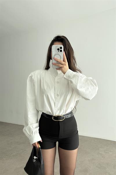 Dik Yakalı Vatkalı Pamuk Gömlek Beyaz 