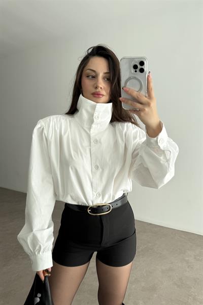 Dik Yakalı Vatkalı Pamuk Gömlek Beyaz 