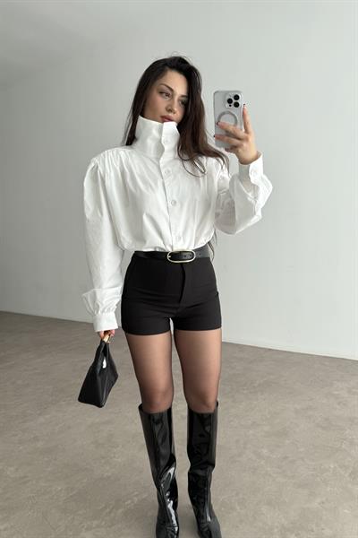 Dik Yakalı Vatkalı Pamuk Gömlek Beyaz 