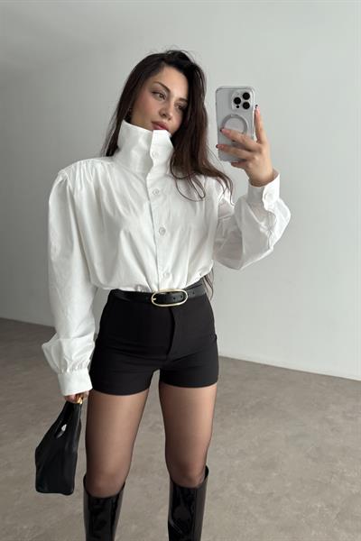 Dik Yakalı Vatkalı Pamuk Gömlek Beyaz 