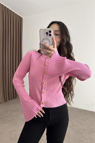 Dilvin Bisiklet Yaka Düğmeli İspanyol Kol Pembe Hırka