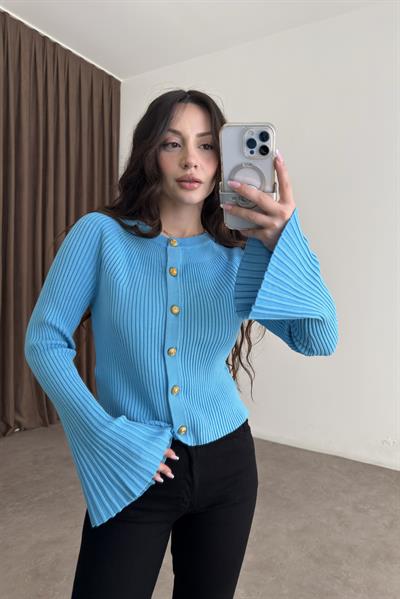 Dilvin Bisiklet Yaka Düğmeli İspanyol Kol Mavi Hırka