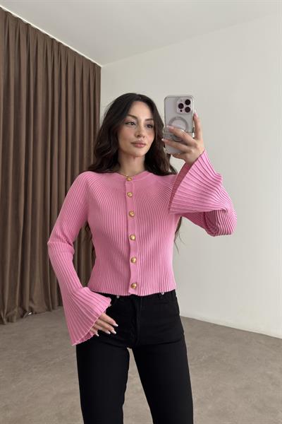 Dilvin Bisiklet Yaka Düğmeli İspanyol Kol Pembe Hırka