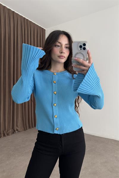 Dilvin Bisiklet Yaka Düğmeli İspanyol Kol Mavi Hırka