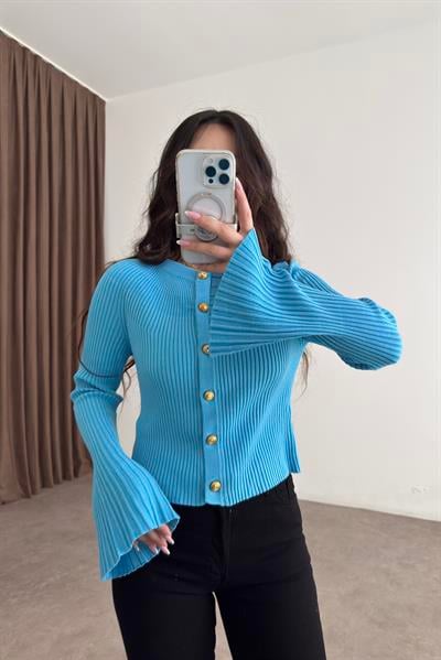 Dilvin Bisiklet Yaka Düğmeli İspanyol Kol Mavi Hırka