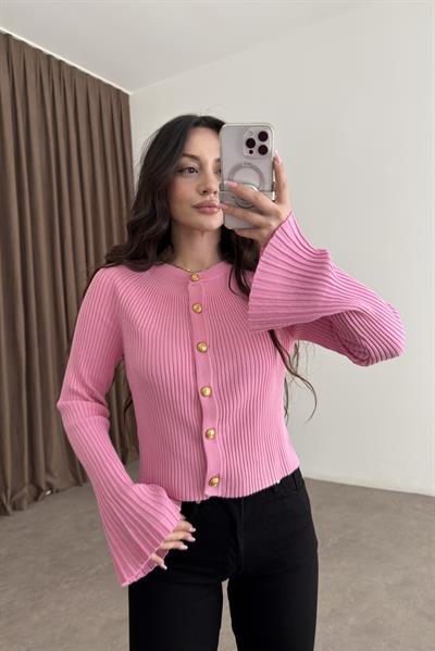 Dilvin Bisiklet Yaka Düğmeli İspanyol Kol Pembe Hırka