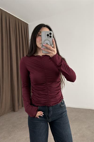 Dilvin Büzgülü Bordo Bluz 