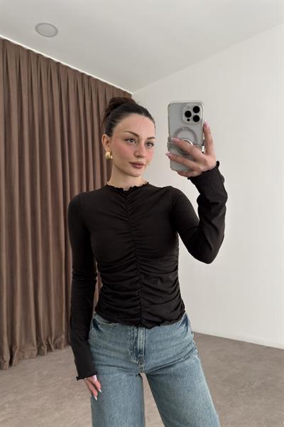 Dilvin Büzgülü Koyu Kahve Bluz 